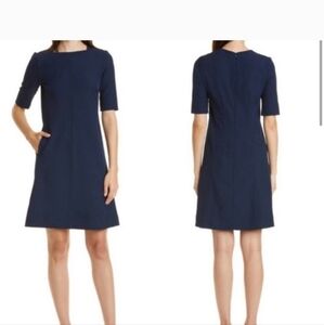 MM LAFLEUR Emily Dress  Navy Blue Square Neck Short Sleeve Stretch